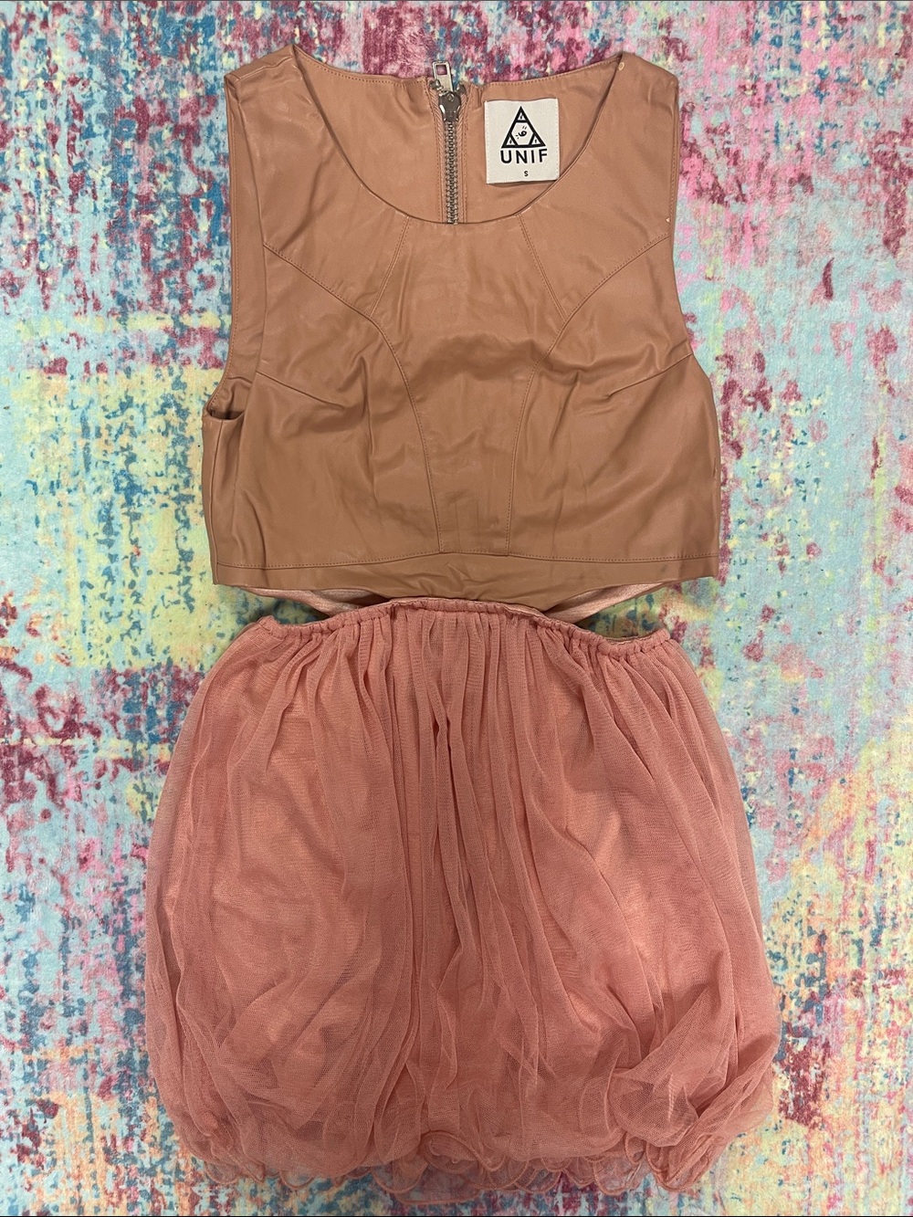 UNIF Tan Faux Leather Crop Top with Dusty Rose Tulle Skirt Set